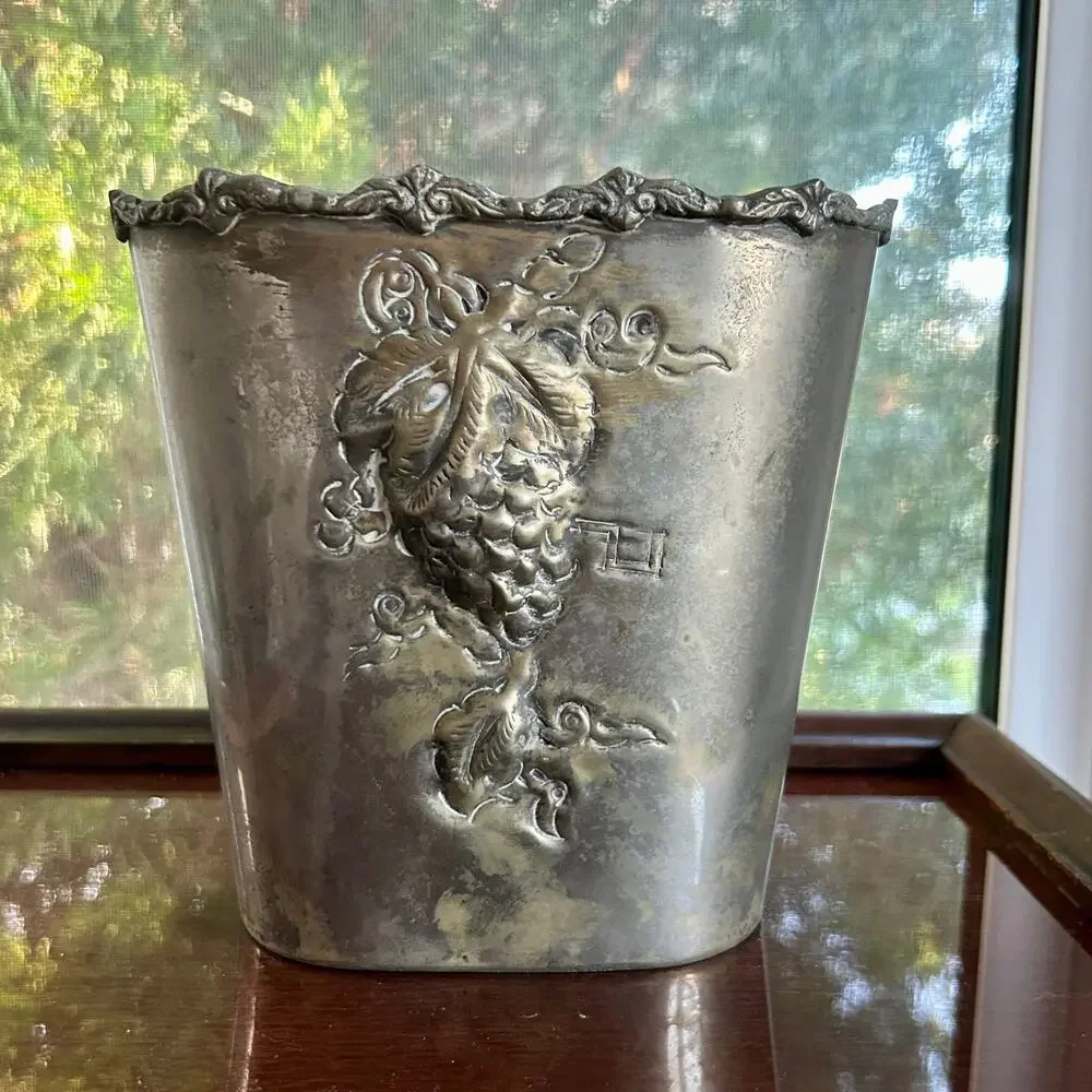 Vintage Bronze Tone Metal Raised Relief Floral Grapes Basket Bucket Flower Bin